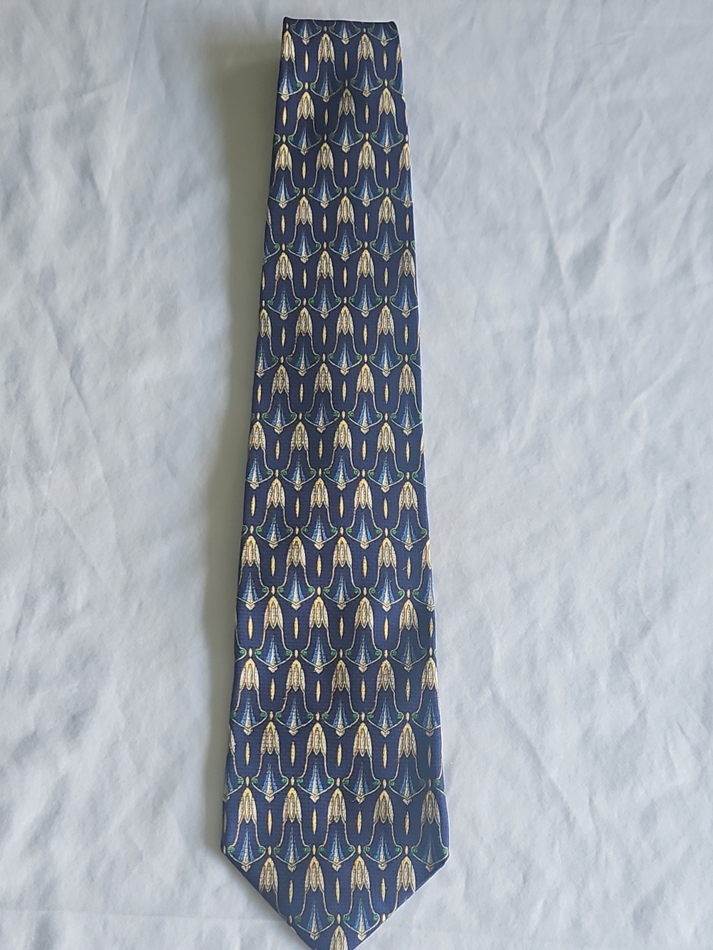 Vintage Dior Navy Silk Tie with Stylized Art Nouveau Light Blue Motif